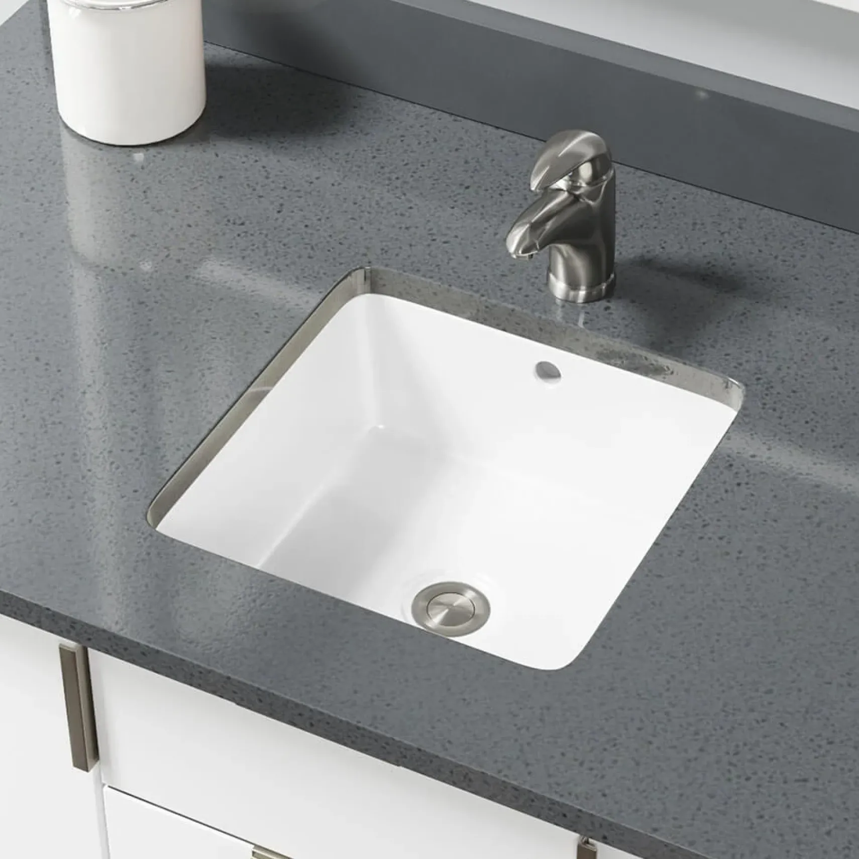 Rene 16" Square Porcelain Bathroom Sink, White, R2-1006-W-PUD-BN