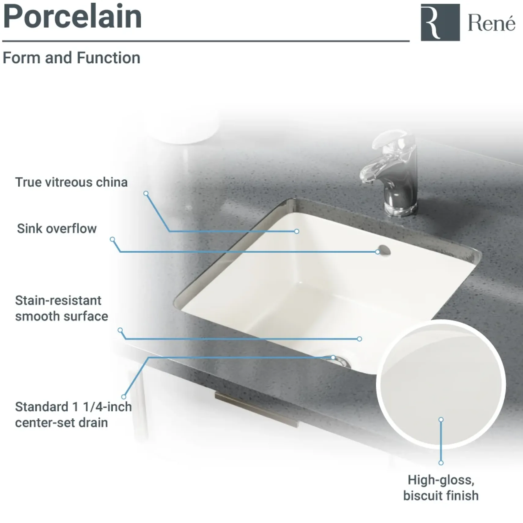 Rene 16" Square Porcelain Bathroom Sink, Biscuit, R2-1006-B-PUD-BN