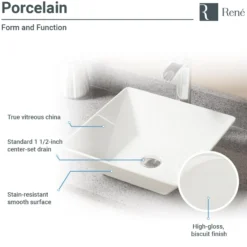 Rene 16" Square Porcelain Bathroom Sink, Biscuit, with Faucet, R2-5010-B-R9-7007-BN