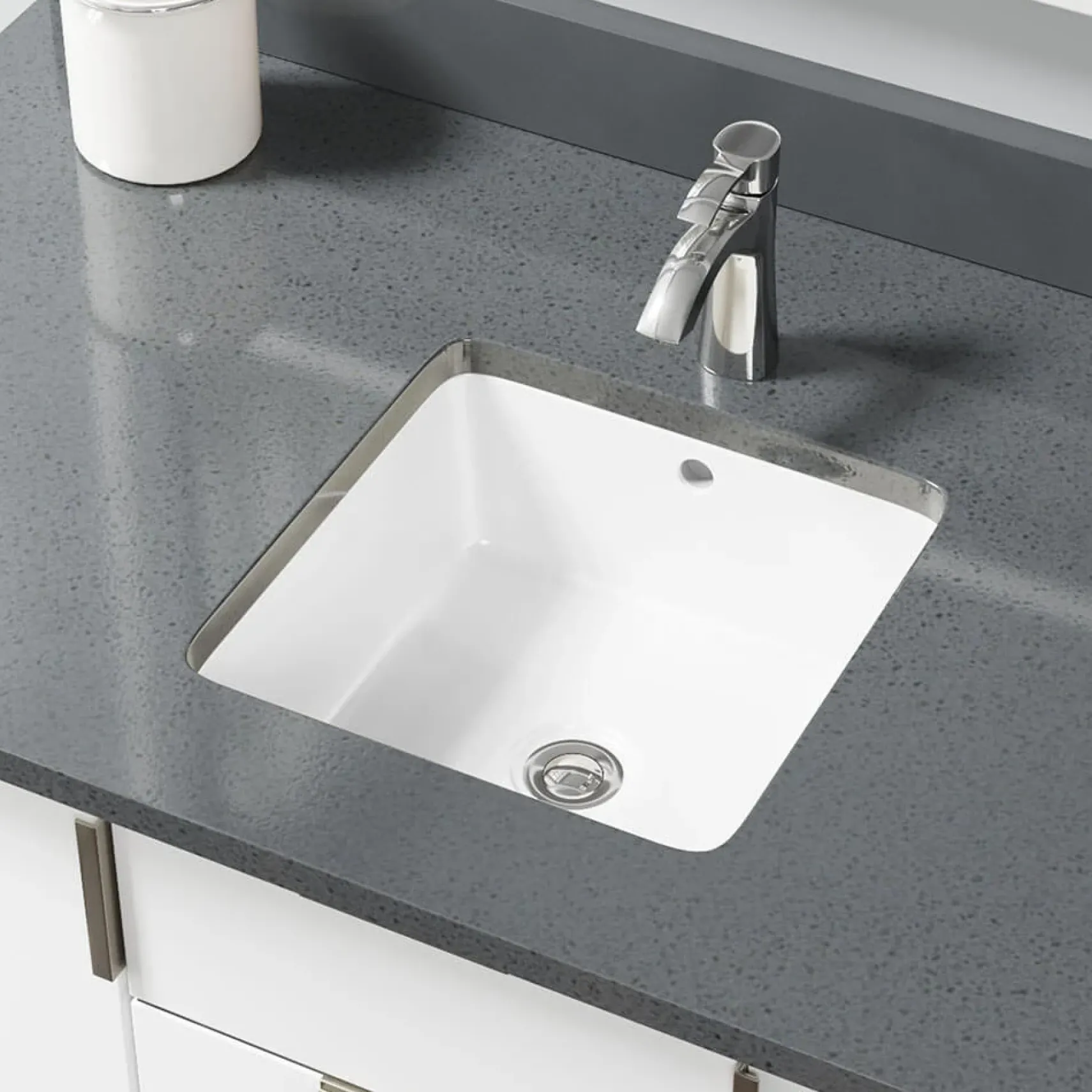 Rene 16" Square Porcelain Bathroom Sink, White, R2-1006-W-PUD-C