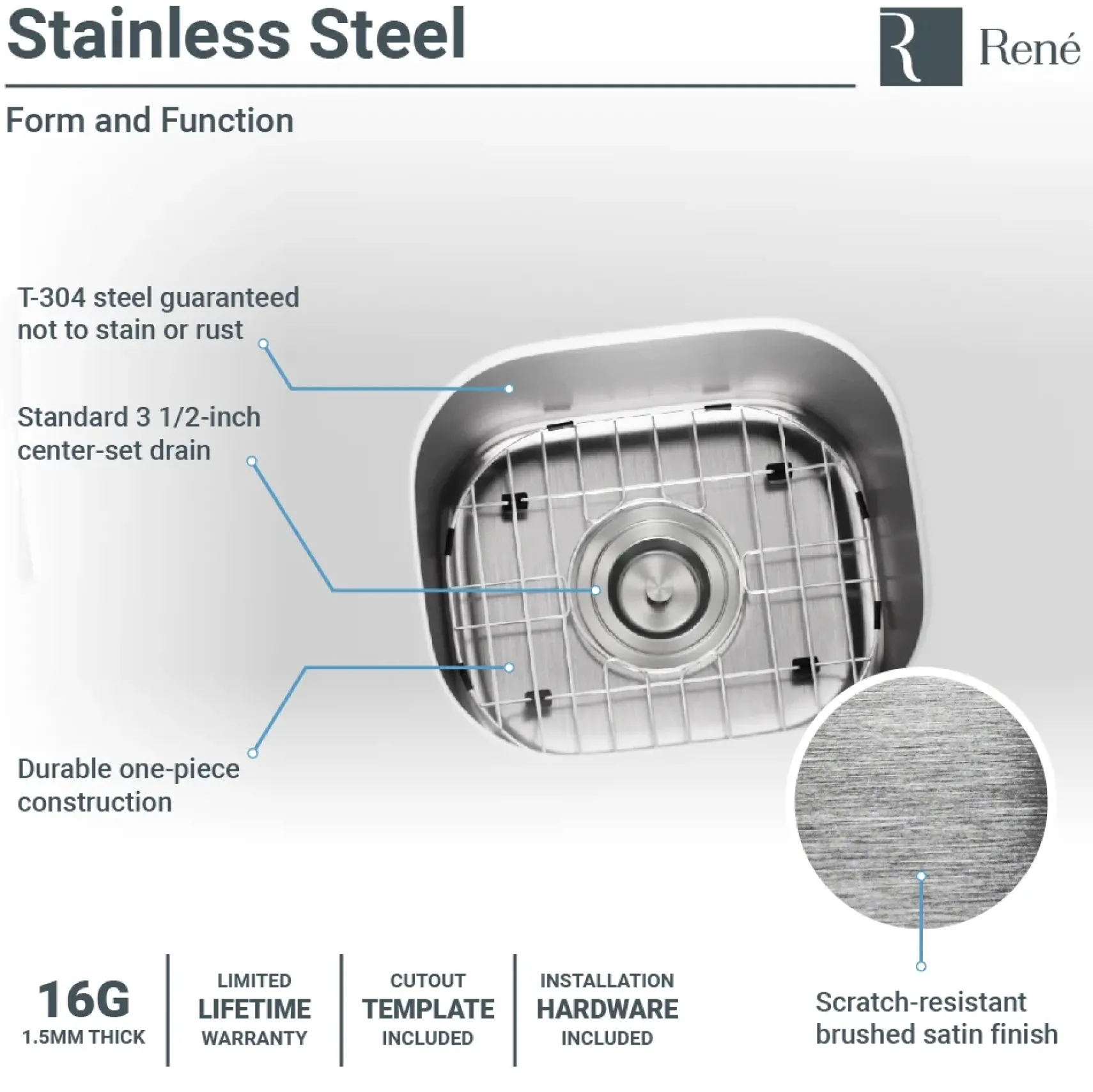 Rene 15" Stainless Steel Bar/Prep Sink, 16 Gauge, R1-1012-16