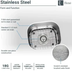 Rene 15" Stainless Steel Bar/Prep Sink, 18 Gauge, R1-1012-18