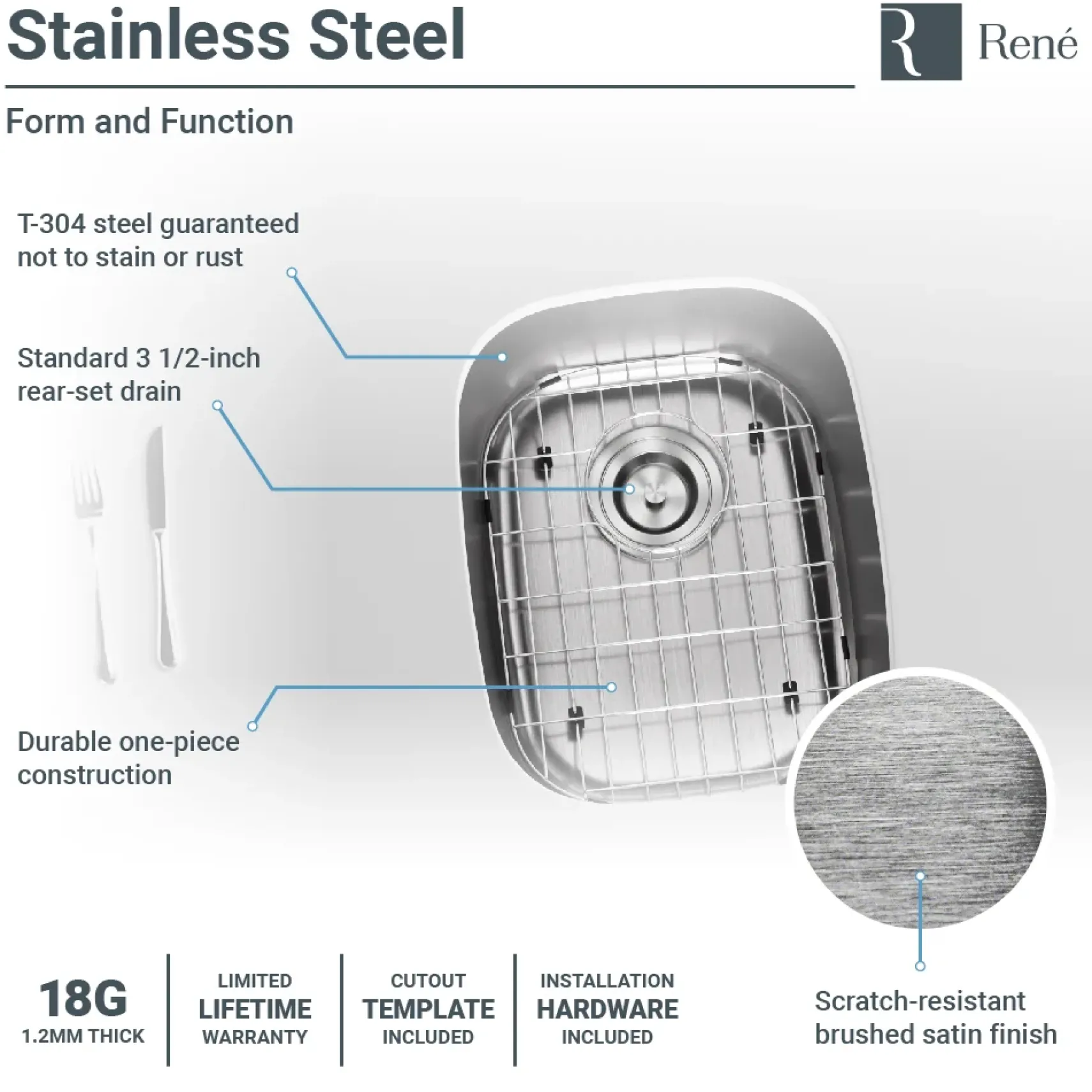 Rene 15" Stainless Steel Bar/Prep Sink, 18 Gauge, R1-1014-18