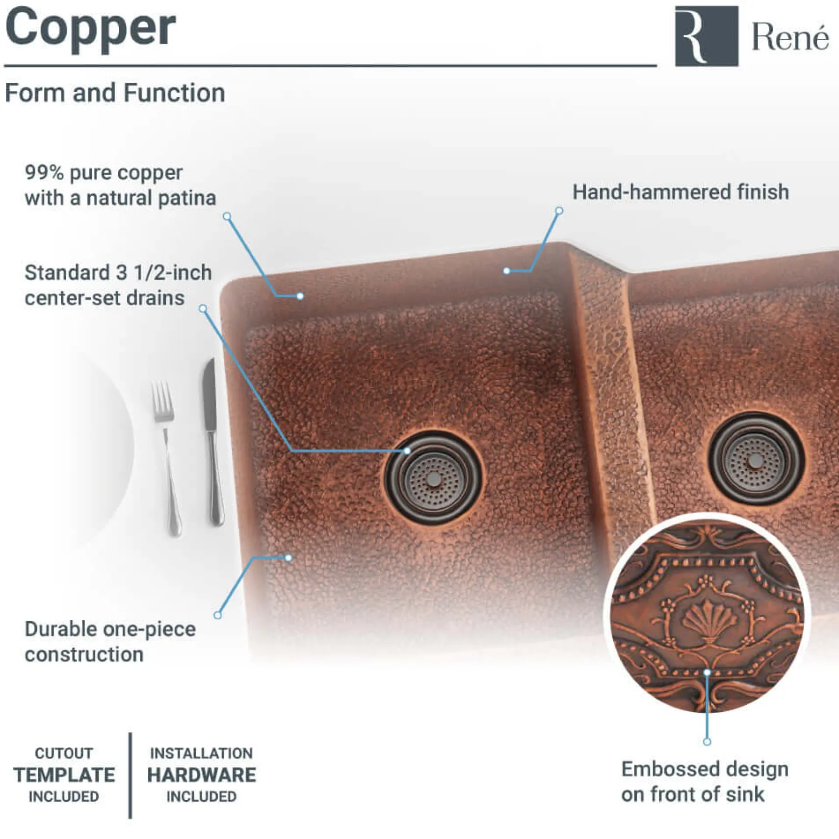 Rene 33" Copper Farmhouse Sink, 60/40 Double Bowl, R4-3001-ST-C