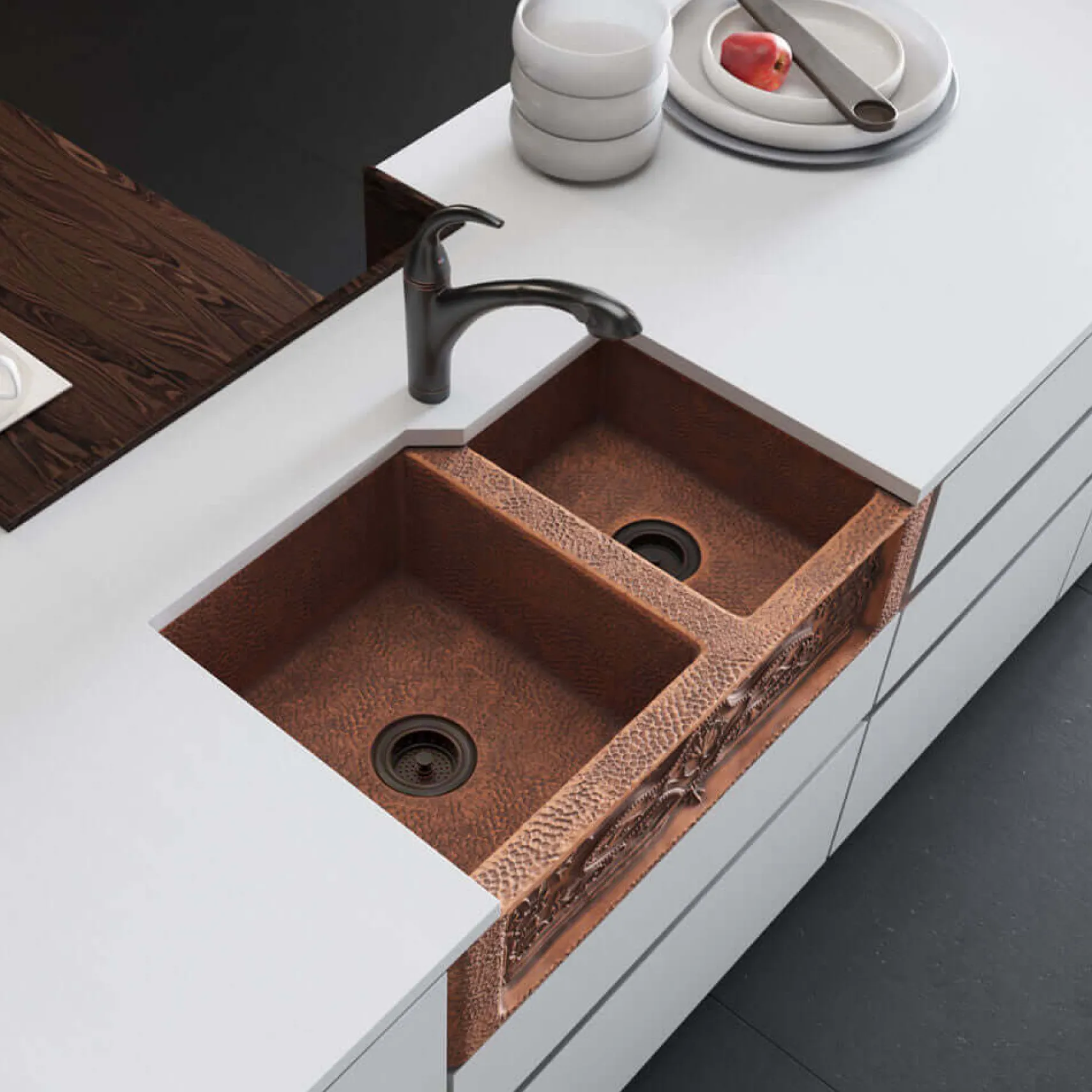 Rene 33" Copper Farmhouse Sink, 60/40 Double Bowl, R4-3001-ST-C