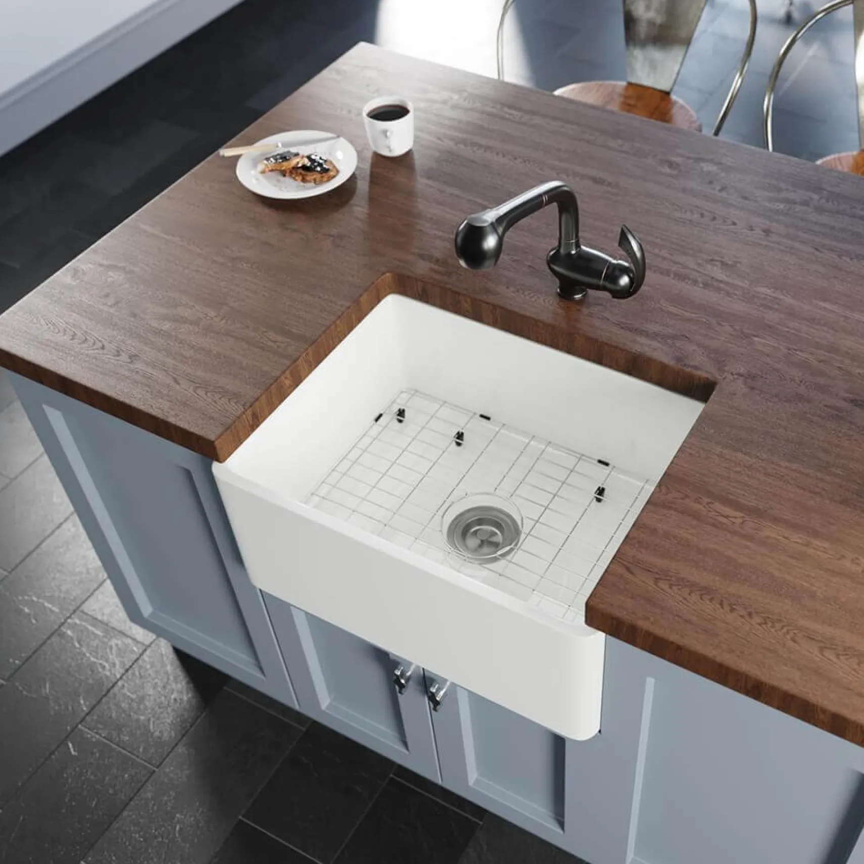 Rene 24" Fireclay Farmhouse Sink, White, R10-3004-ST-B