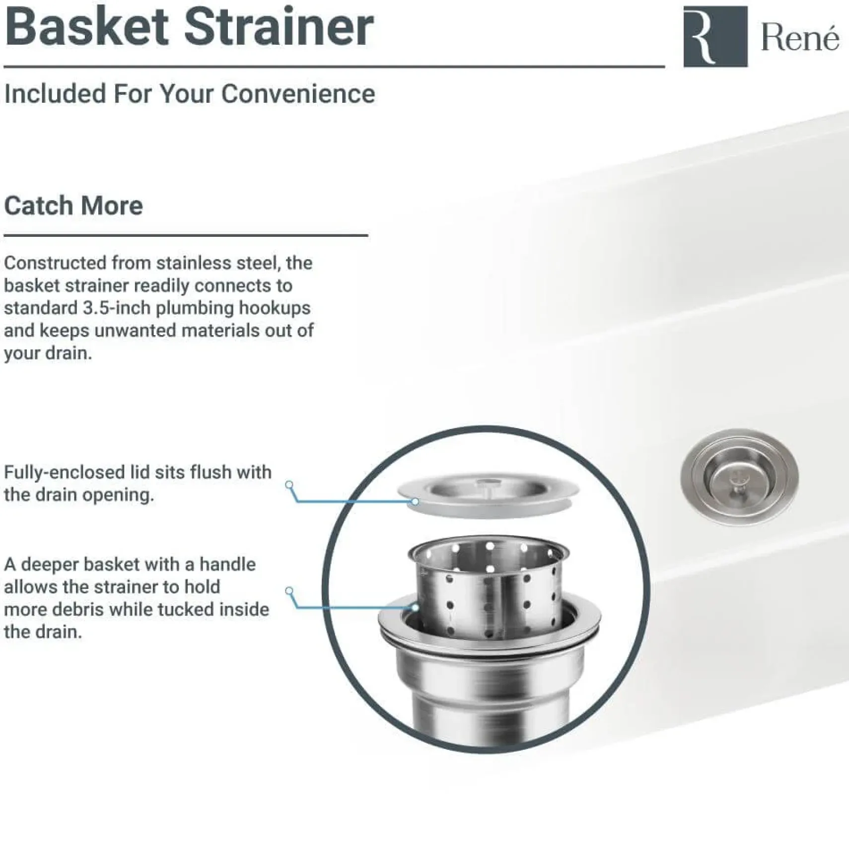 Rene 24" Fireclay Farmhouse Sink, White, R10-3004-ST-B