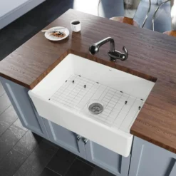 Rene 30" Fireclay Farmhouse Sink, White, Smooth/Edge R10-3005-ST-B
