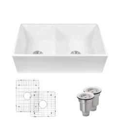 Rene 33" Fireclay Farmhouse Sink, 60/40 Double Bowl, White, R10-3003-ST-B