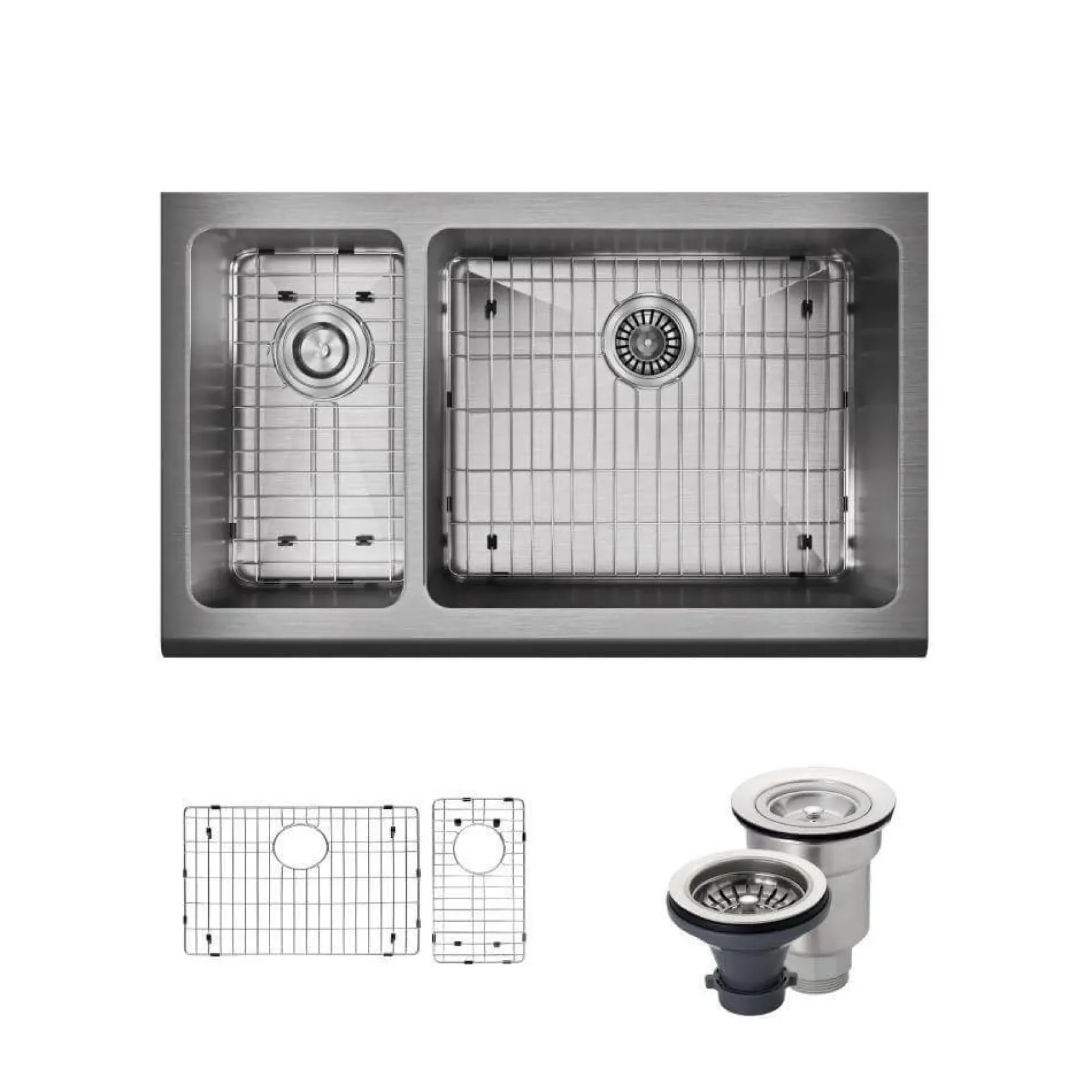 Rene 33" Stainless Steel Farmhouse Sink, 30/70 Double Bowl, 16 Gauge, R1-3003R-16