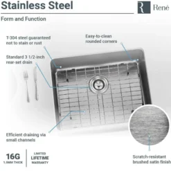 Rene 24" Stainless Steel Farmhouse Sink, 16 Gauge, R1-3004-16