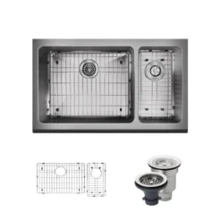 Rene 33" Stainless Steel Farmhouse Sink, 70/30 Double Bowl, 16 Gauge, R1-3003L-16