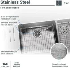 Rene 33" Stainless Steel Farmhouse Sink, 70/30 Double Bowl, 16 Gauge, R1-3003L-16