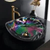 Ruvati 19 inch Murano Glass Art Vessel Seashell Decorative Pattern Bathroom Sink, Cosmic Black, RVB3048