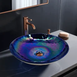Ruvati 16 inch Murano Glass Art Vessel Circle Decorative Pattern Bathroom Sink, Celestial Blue, RVB3044