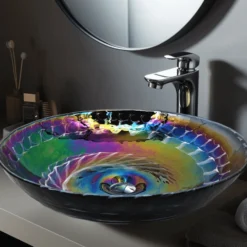 Ruvati 16 inch Murano Glass Art Vessel Circle Decorative Pattern Bathroom Sink, Cosmic Black, RVB3049