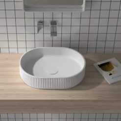 Ruvati Cordona 19 x 14 inch Fluted Vessel Bathroom Sink epiStone Solid Surface Modern Oval Matte White, RVB2819WH
