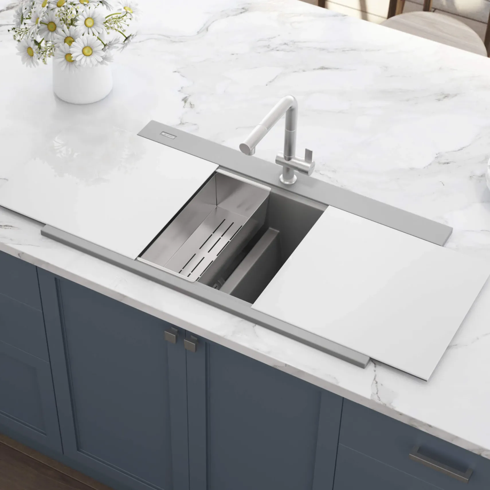 Ruvati epiGranite 34" Drop In Granite Composite Workstation Kitchen Sink, 50/50 Silver Gray, RVG1350GR
