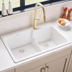 Ruvati epiGranite 33" Drop In Granite Composite Workstation Kitchen Sink, 60/40 Double Bowl, Arctic White Matte, RVG1347WH