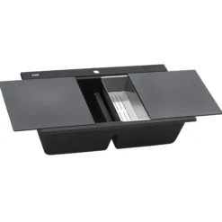 Ruvati epiGranite 34" Drop In Granite Composite Workstation Kitchen Sink, 50/50 Midnight Black, RVG1350BK
