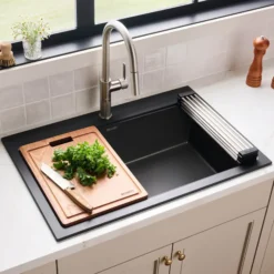 Ruvati epiGranite 33" Drop In Granite Composite Workstation Kitchen Sink, Midnight Black, RVG1303BK