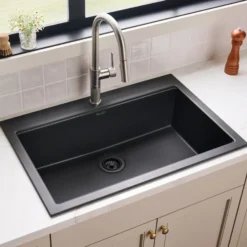 Ruvati epiGranite 33" Drop In Granite Composite Workstation Kitchen Sink, Midnight Black, RVG1083BK