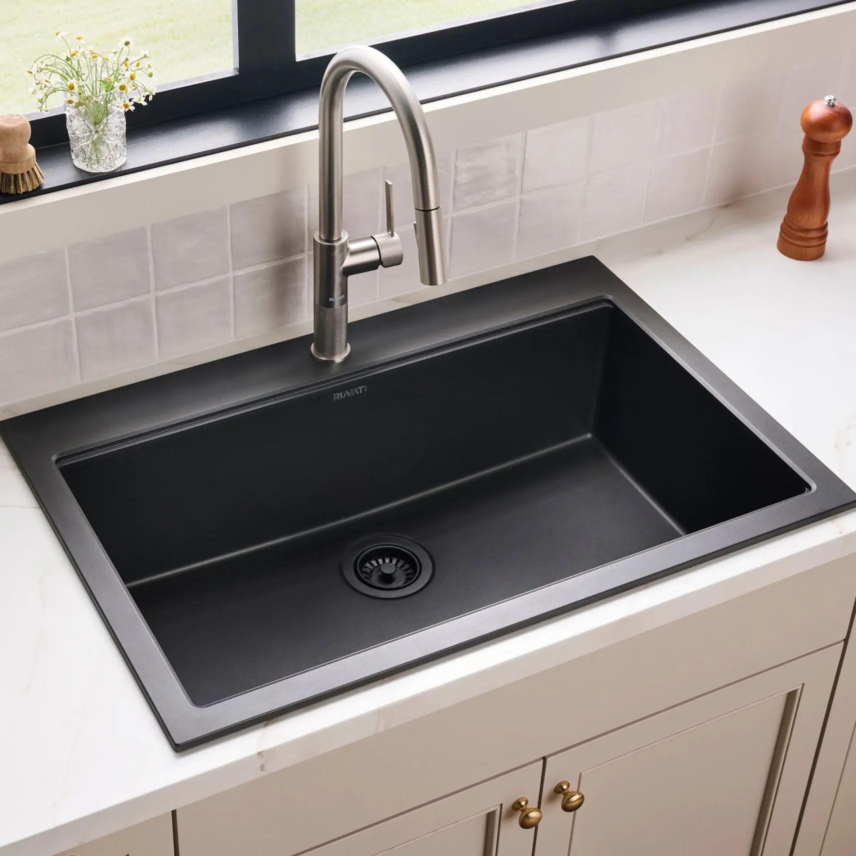 Ruvati epiGranite 33" Drop In Granite Composite Workstation Kitchen Sink, Midnight Black, RVG1083BK
