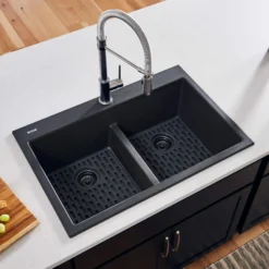 Ruvati epiGranite 33" Drop-in Topmount Granite Composite Kitchen Sink, 50/50 Low Divide Double Bowl, Midnight Black, RVG1385BK