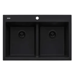 Ruvati epiGranite 33" Drop-in Topmount Granite Composite Kitchen Sink, 50/50 Low Divide Double Bowl, Midnight Black, RVG1385BK