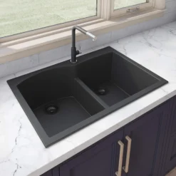 Ruvati epiGranite 33" Drop-in Topmount Granite Composite Kitchen Sink, 55/45 Double Bowl, Midnight Black, RVG1345BK