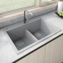 Ruvati epiGranite 33" Drop-in Topmount Granite Composite Kitchen Sink, 50/50 Low Divide Double Bowl, Silver Gray, RVG1385GR