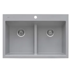 Ruvati epiGranite 33" Drop-in Topmount Granite Composite Kitchen Sink, 50/50 Low Divide Double Bowl, Silver Gray, RVG1385GR