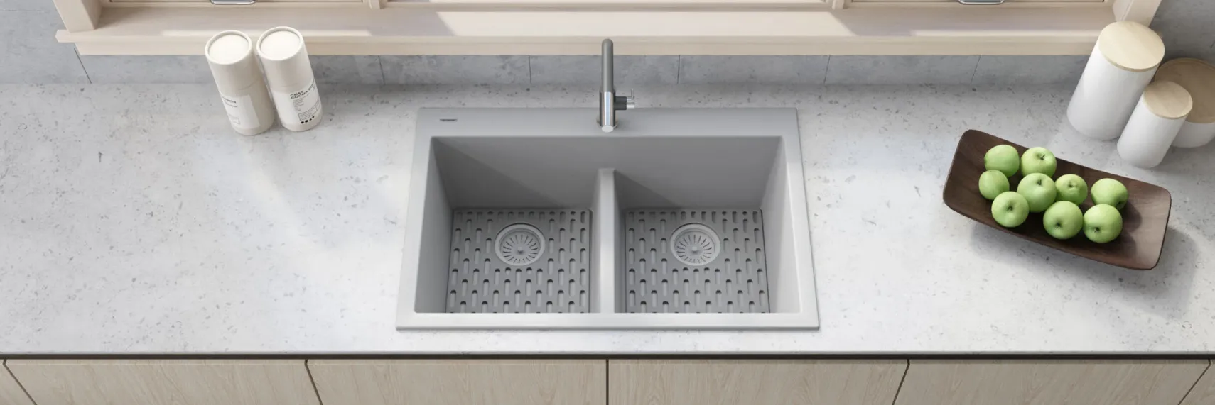 Ruvati epiGranite 33" Drop-in Topmount Granite Composite Kitchen Sink, 50/50 Low Divide Double Bowl, Silver Gray, RVG1385GR