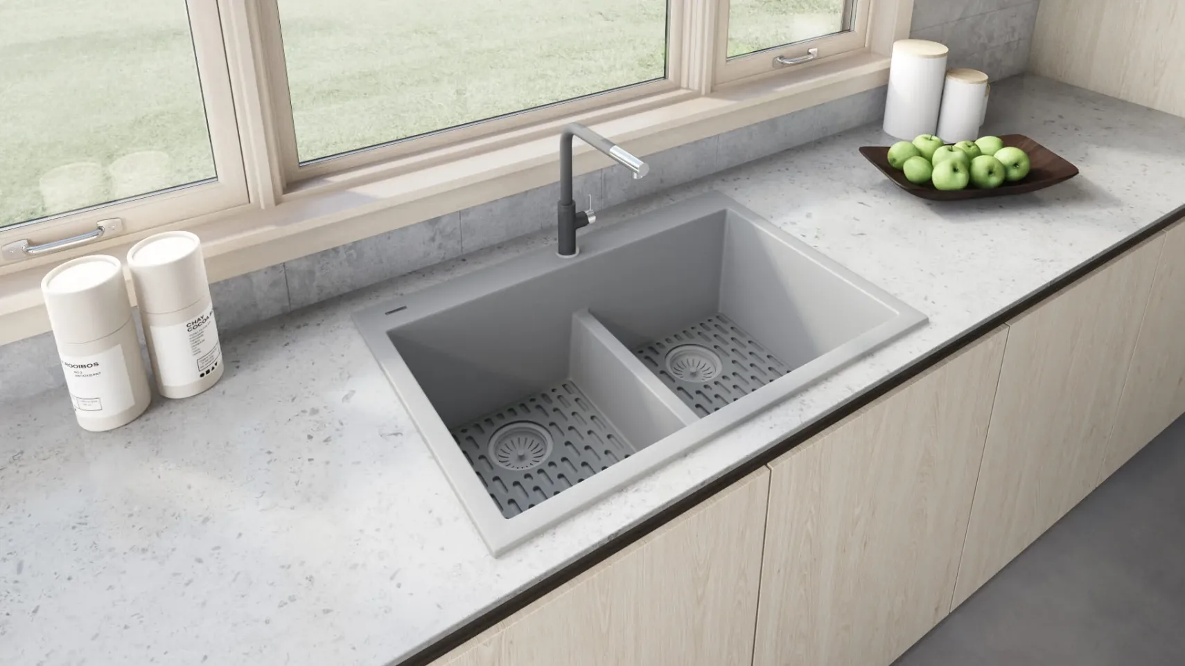 Ruvati epiGranite 33" Drop-in Topmount Granite Composite Kitchen Sink, 50/50 Low Divide Double Bowl, Silver Gray, RVG1385GR
