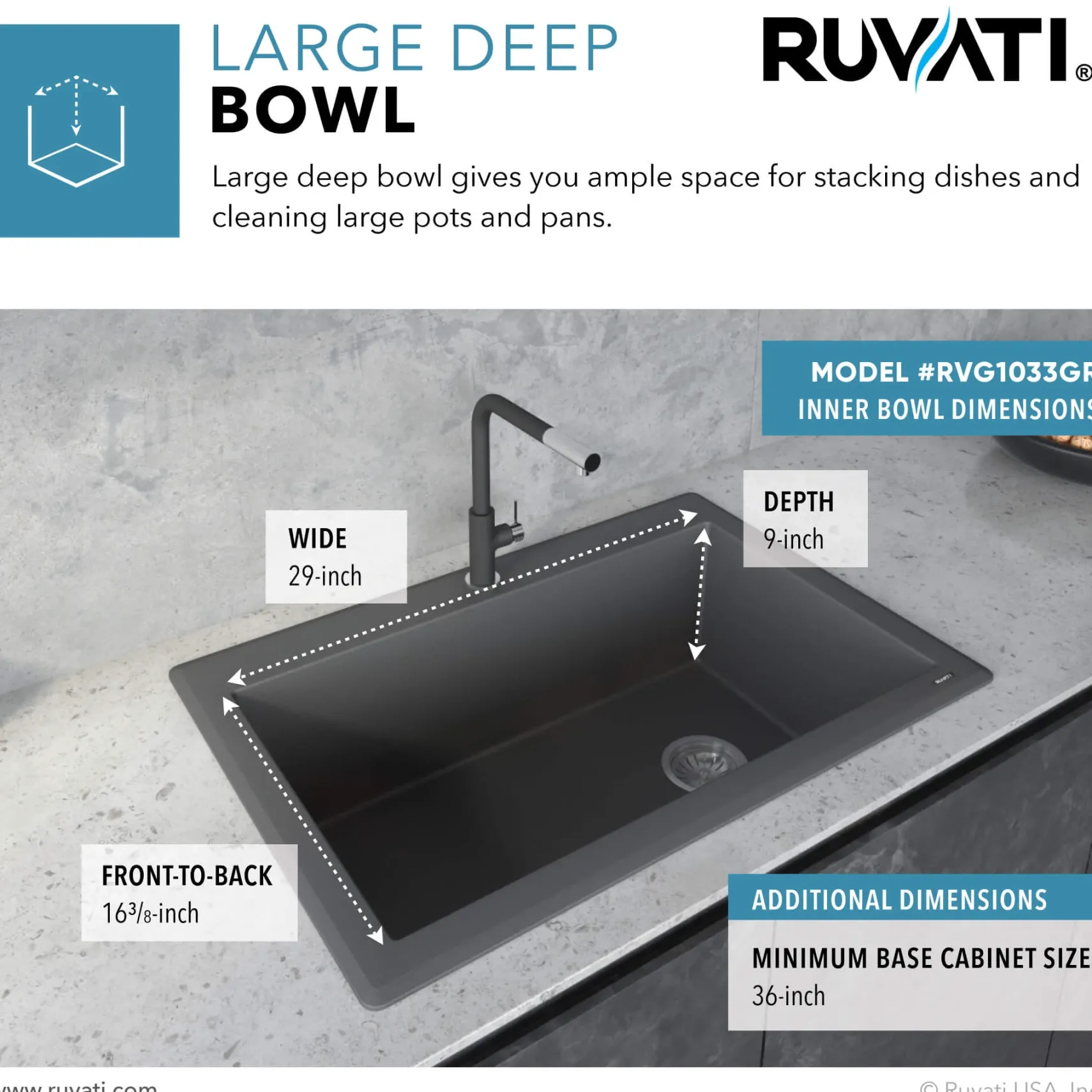 Ruvati epiGranite 33" Drop-in Topmount Granite Composite Kitchen Sink, Urban Gray, RVG1033GR