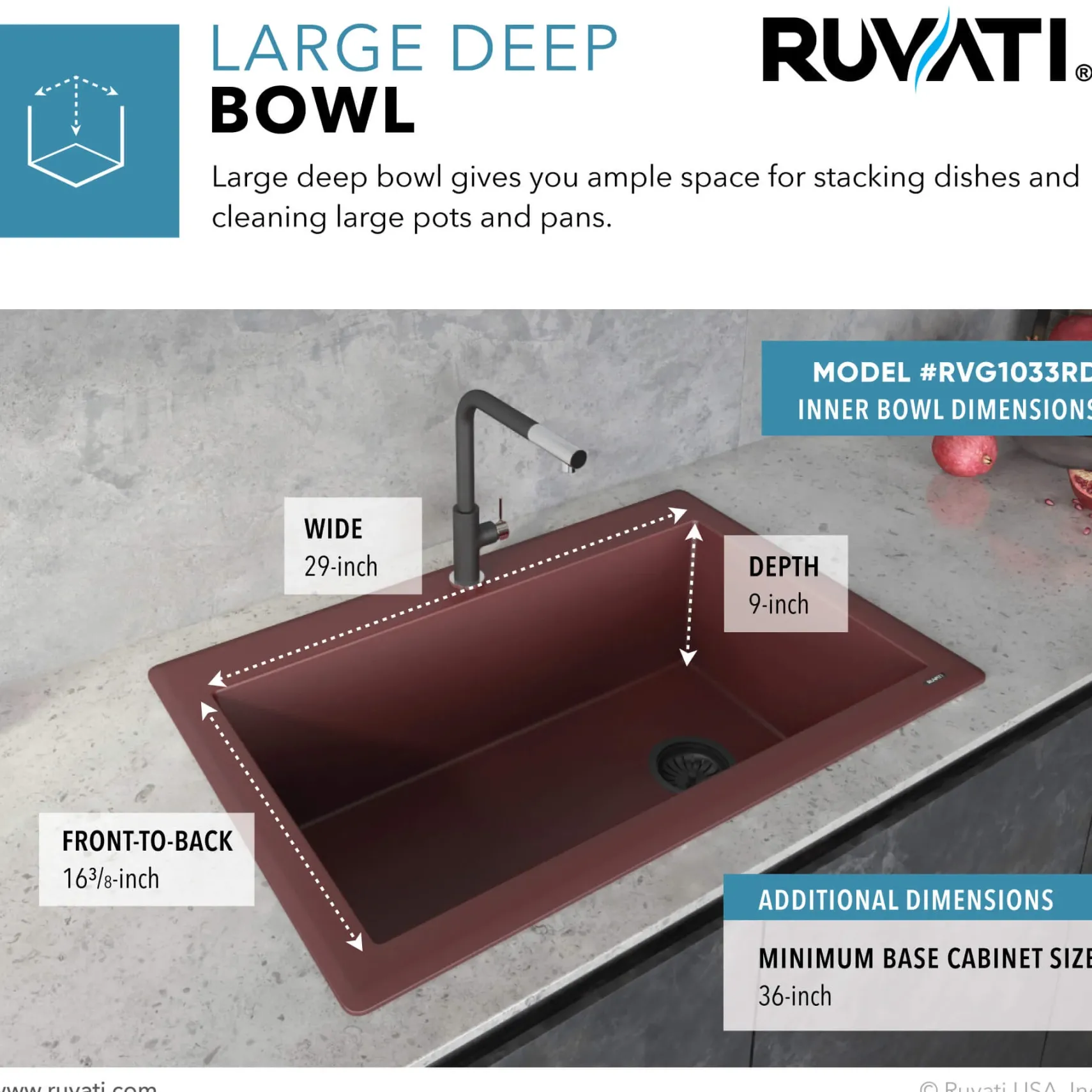 Ruvati epiGranite 33" Drop-in Topmount Granite Composite Kitchen Sink, Carnelian Red, RVG1033RD