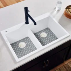 Ruvati epiGranite 33" Drop-in Topmount Granite Composite Kitchen Sink, 50/50 Low Divide Double Bowl, Arctic White, RVG1385WH
