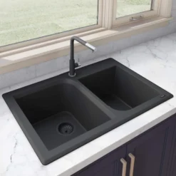 Ruvati epiGranite 33" Dual-Mount Granite Composite Kitchen Sink, 55/45 Double Bowl, Midnight Black, RVG1396BK