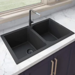 Ruvati epiGranite 34" Dual-Mount Granite Composite Kitchen Sink, 50/50 Double Bowl, Midnight Black, RVG1319BK