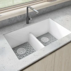 Ruvati epiGranite 33" Undermount Granite Composite Kitchen Sink, 50/50 Low Divide Double Bowl, Arctic White, RVG2385WH