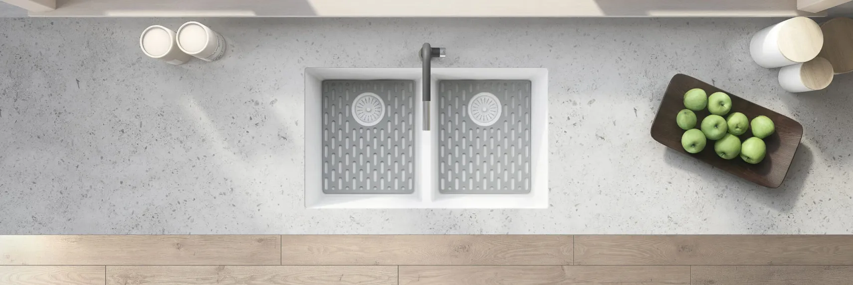 Ruvati epiGranite 33" Undermount Granite Composite Kitchen Sink, 50/50 Low Divide Double Bowl, Arctic White, RVG2385WH