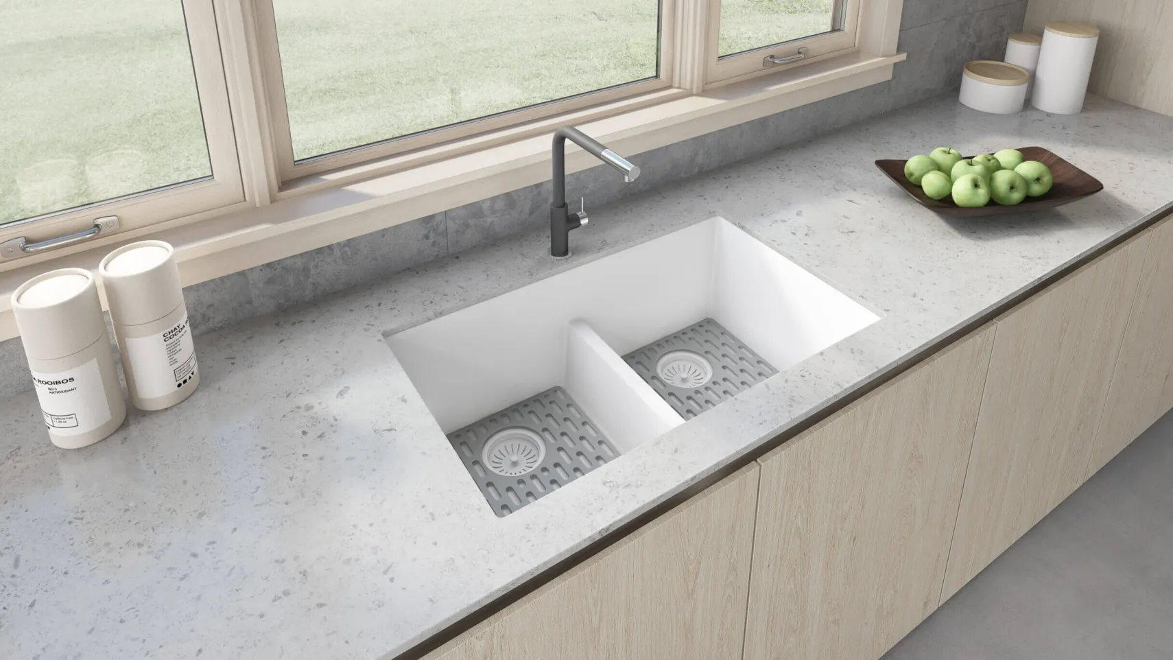Ruvati epiGranite 33" Undermount Granite Composite Kitchen Sink, 50/50 Low Divide Double Bowl, Arctic White, RVG2385WH