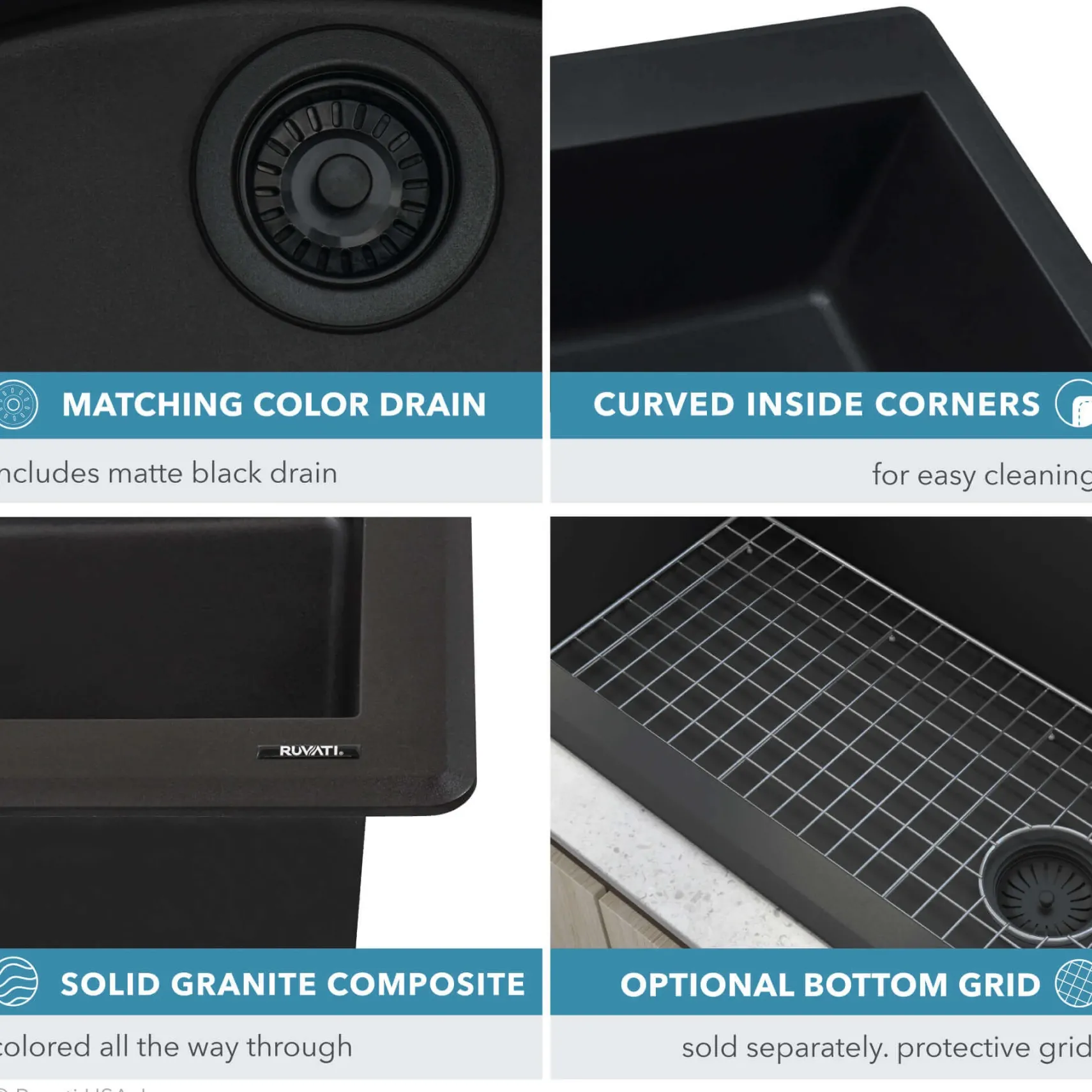 Ruvati epiGranite 32 x 19 inch Granite Composite Undermount Double Bowl Kitchen Sink, Midnight Black, RVG2388BK