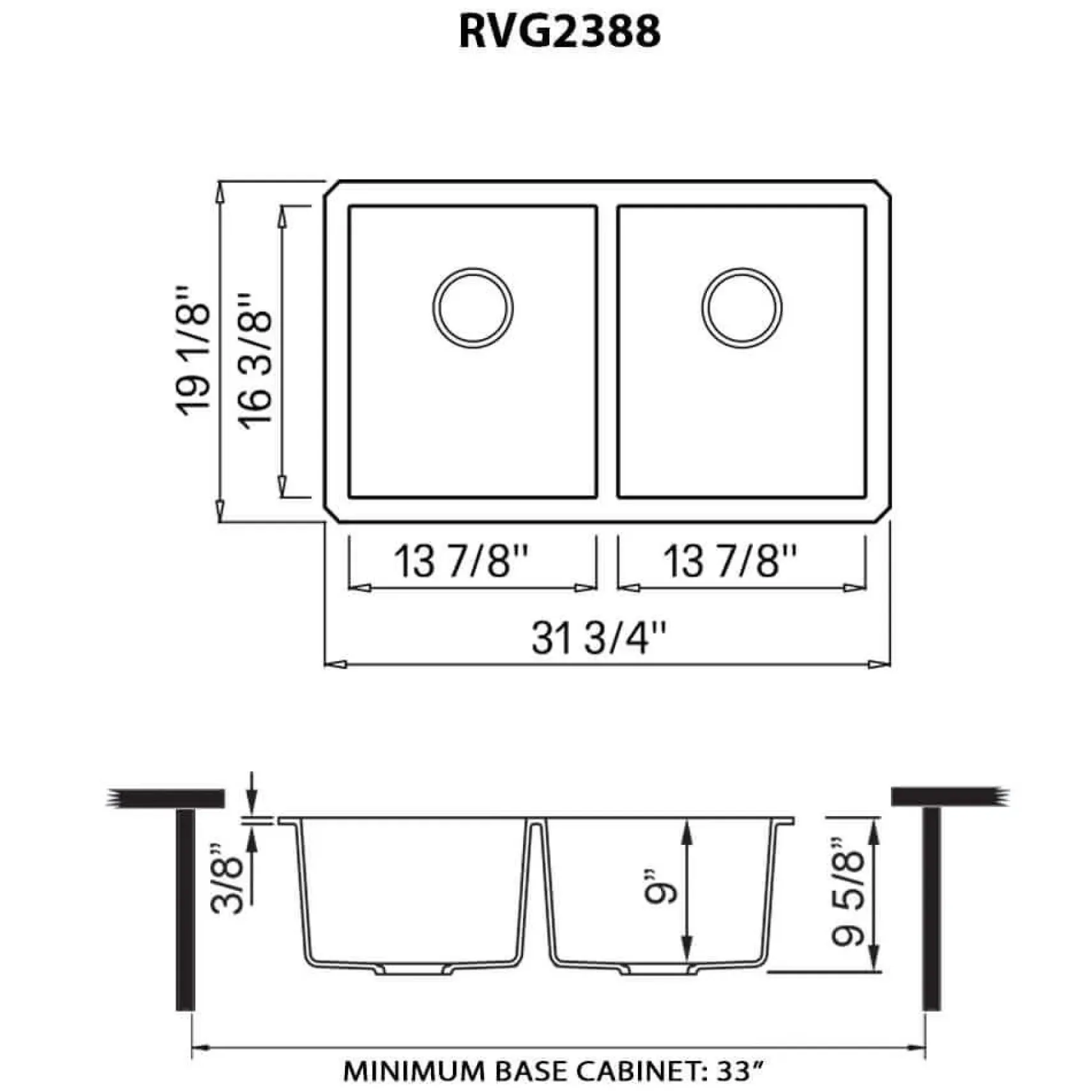 Ruvati epiGranite 32 x 19 inch Granite Composite Undermount Double Bowl Kitchen Sink, Midnight Black, RVG2388BK