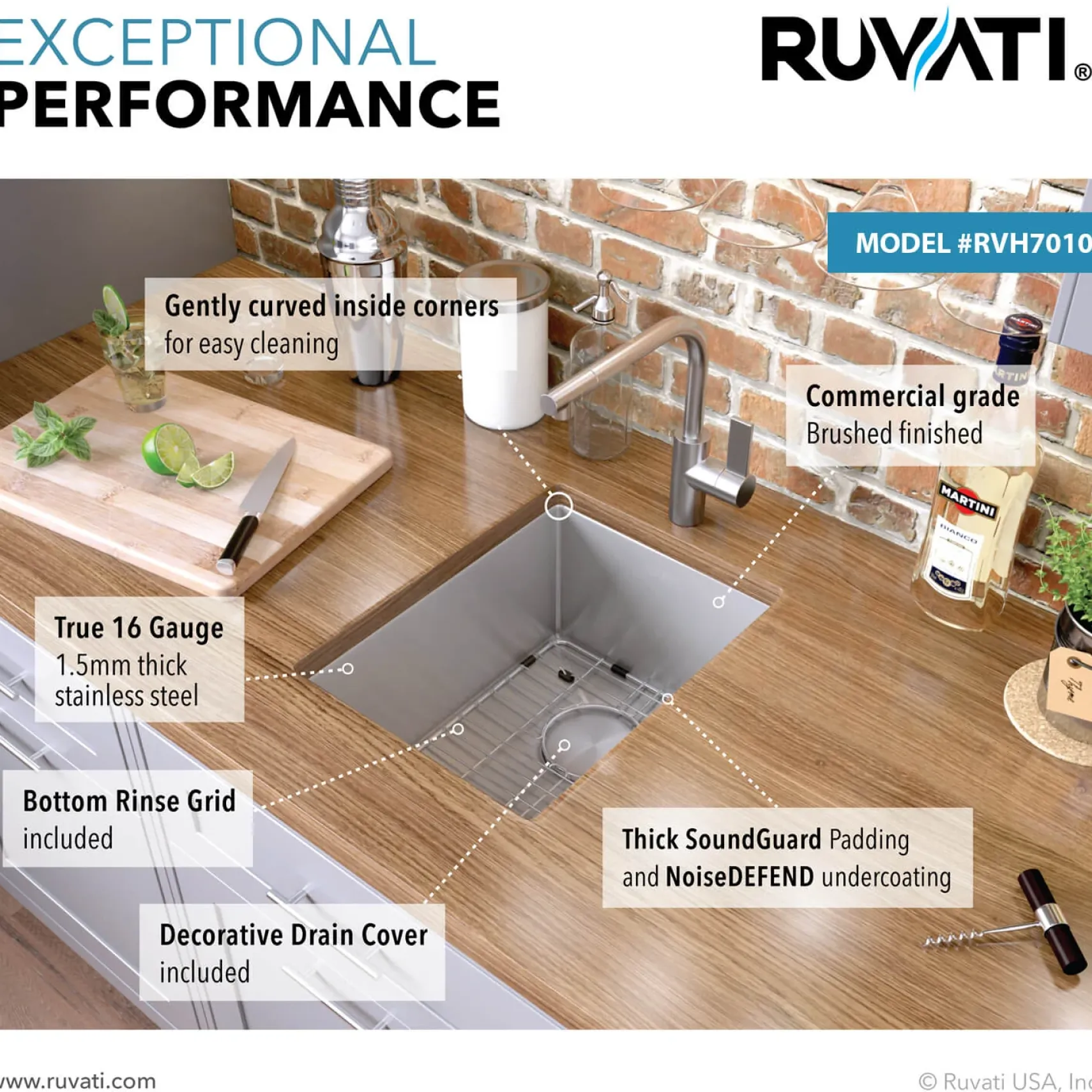 Ruvati Gravena 10" Undermount Rectangle Stainless Steel Bar/Prep Sink, 16 Gauge, Round Corners, RVH7010