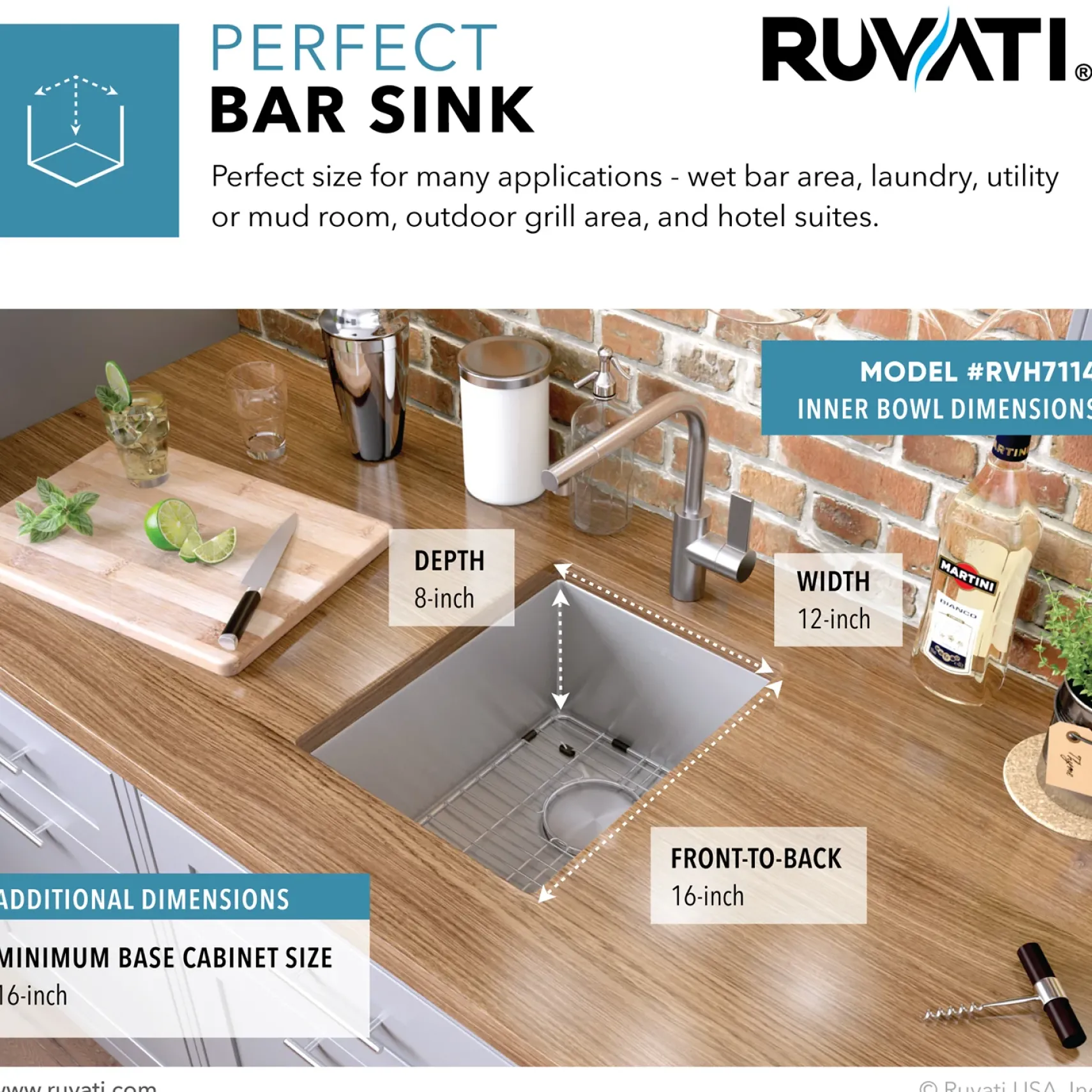 Ruvati Gravena 14" Undermount Rectangle Stainless Steel Bar/Prep Sink, 16 Gauge, Rounded Corners, RVH7114