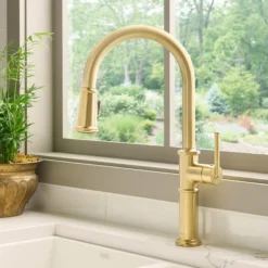 Ruvati Idris Pull Down Gooseneck High Arc Kitchen Faucet, Brushed Gold, Single Lever, RVF1239SG