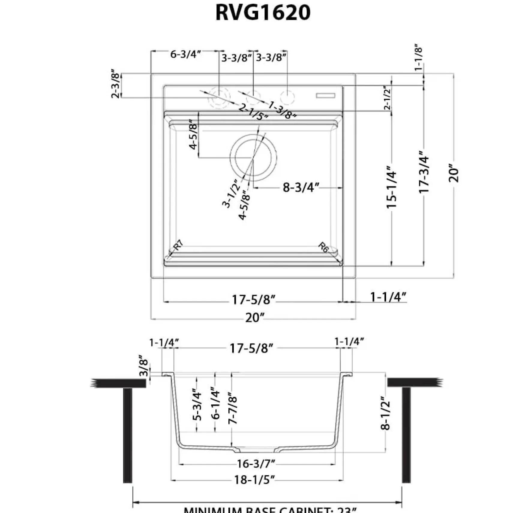 Ruvati 20-inch epiCube Granite Composite Workstation Matte Black Drop-in Topmount Wet Bar Prep Sink, RVG1620BK