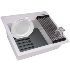 Ruvati 23-inch epiCube Granite Composite Workstation Drop-in Topmount Wet Bar Prep Sink Matte White, RVG1622WH