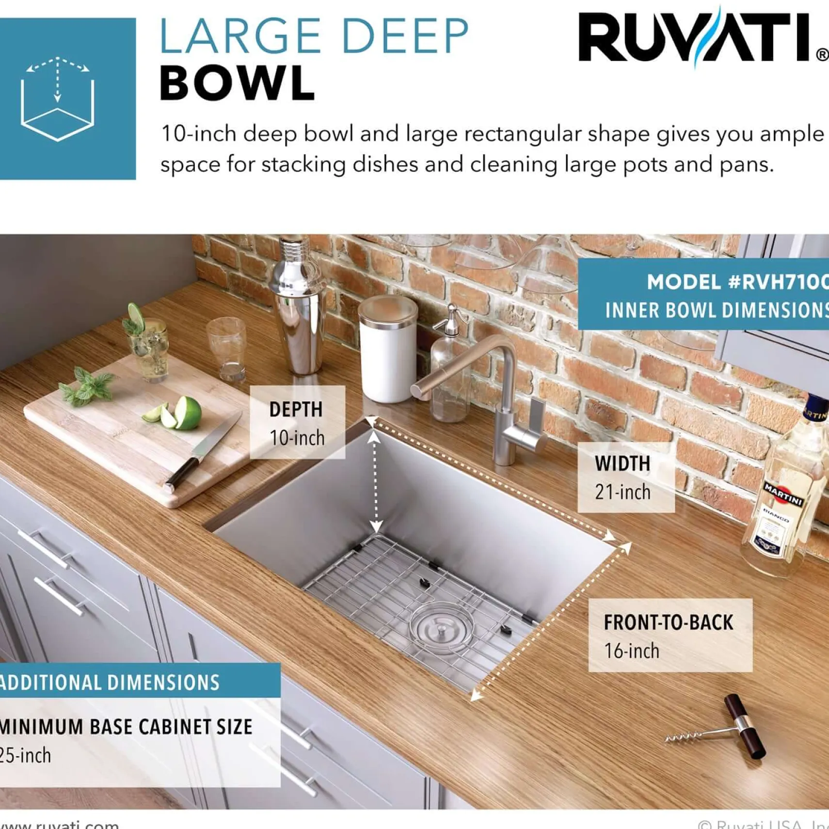 Ruvati Nesta 23" Undermount Stainless Steel Kitchen Sink, 16 Gauge, Zero Radius, RVH7100